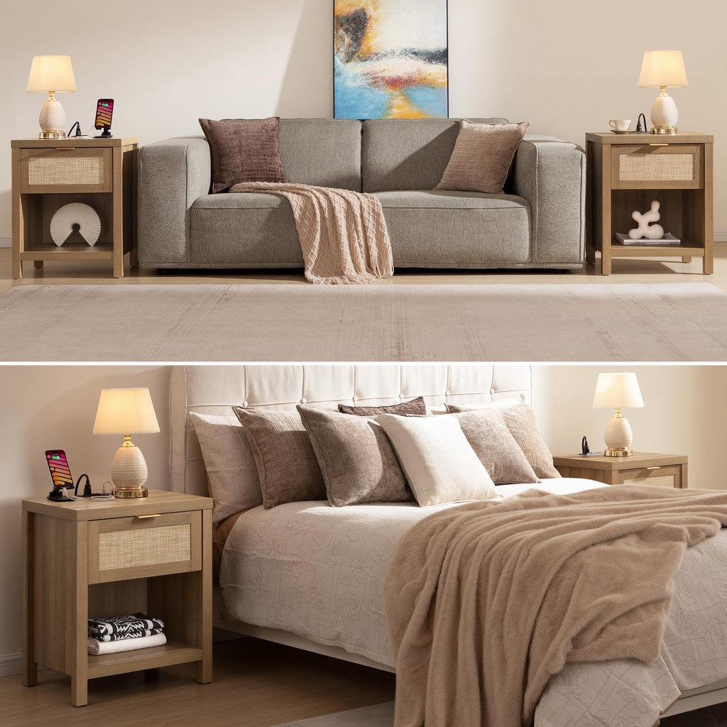 Rattan Night Stand with Charging Station P1638