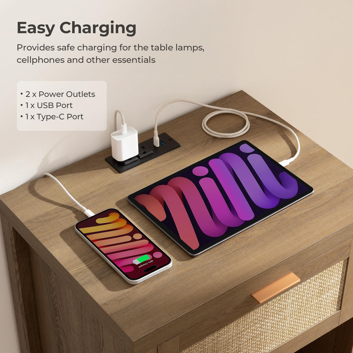 Rattan Night Stand with Charging Station P1638