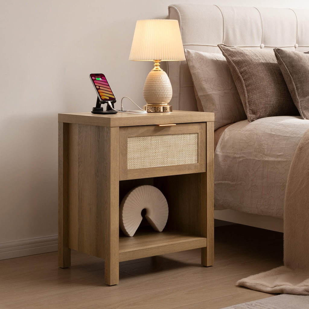Rattan Night Stand with Charging Station P1638
