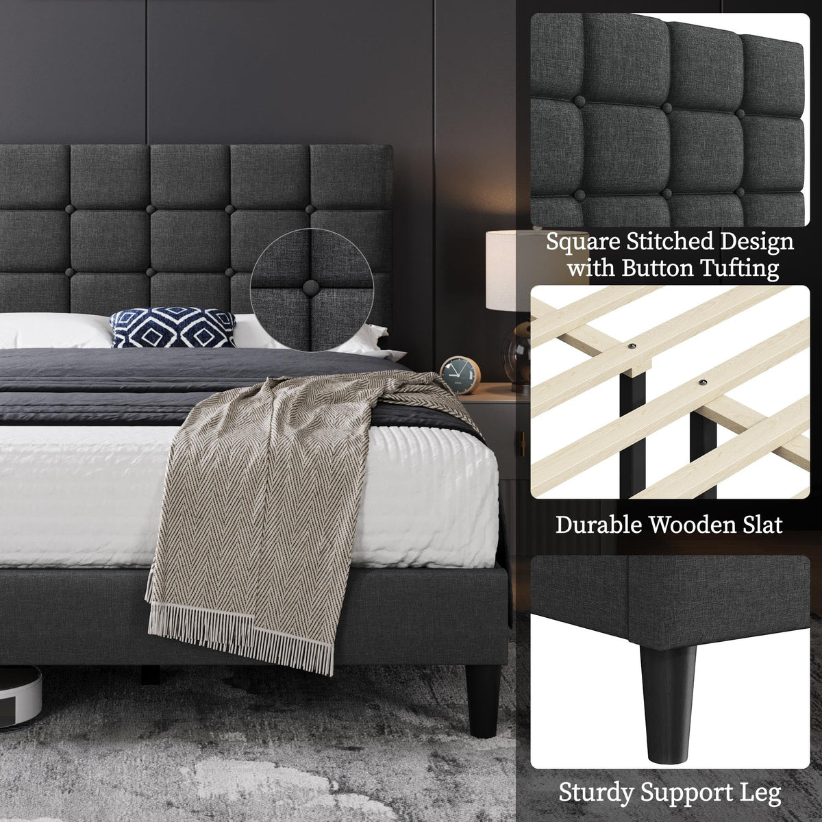 Full Size Upholstered Tufted Bed Frame with Headboard U77222