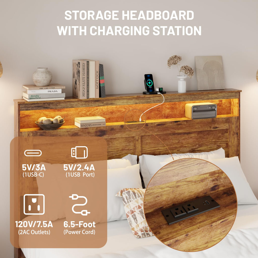 King Size Wooden Bed Frame with Storage Headboard U830843