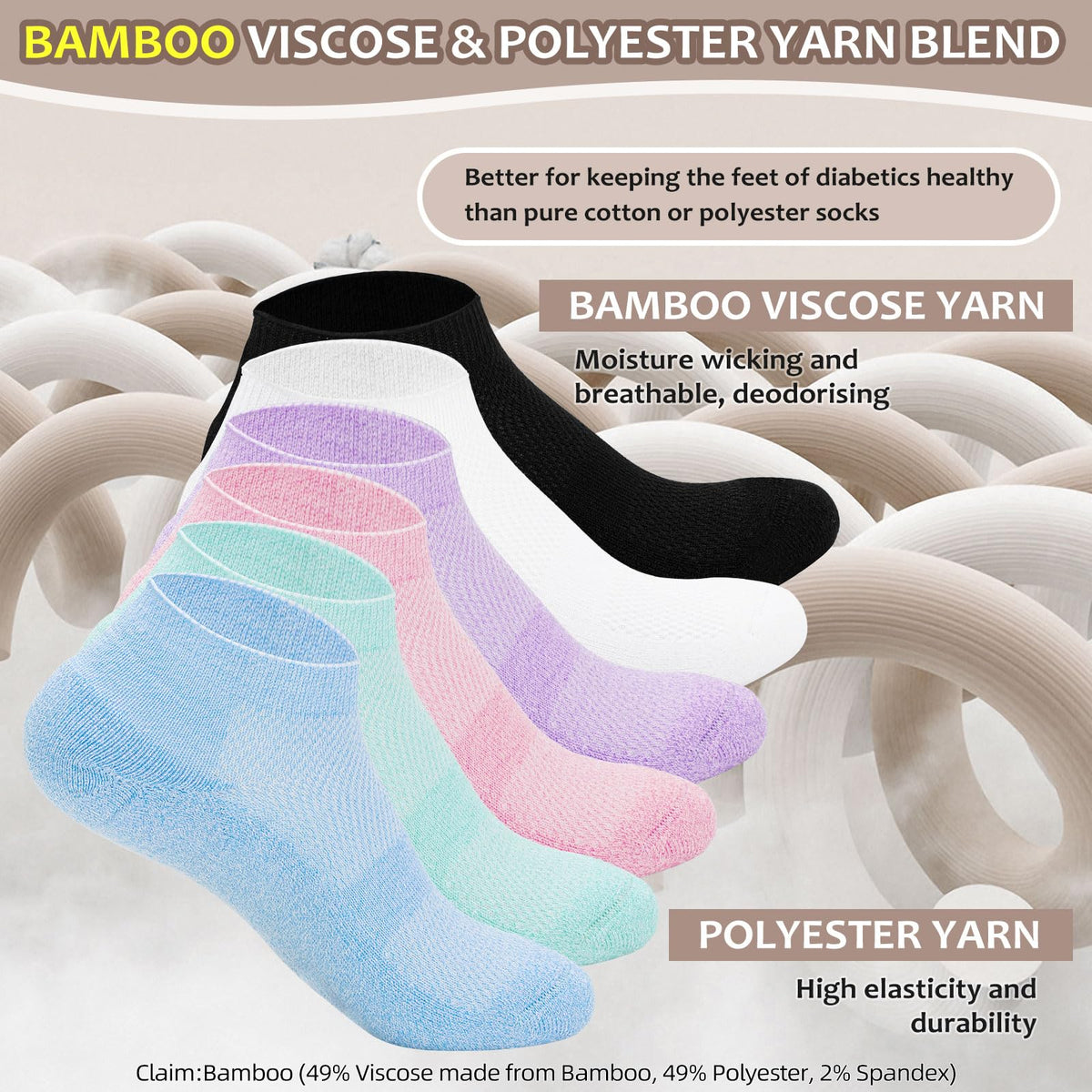 5 Pairs Non-Binding Low Cut Diabetic Socks Size 9-11 P6028