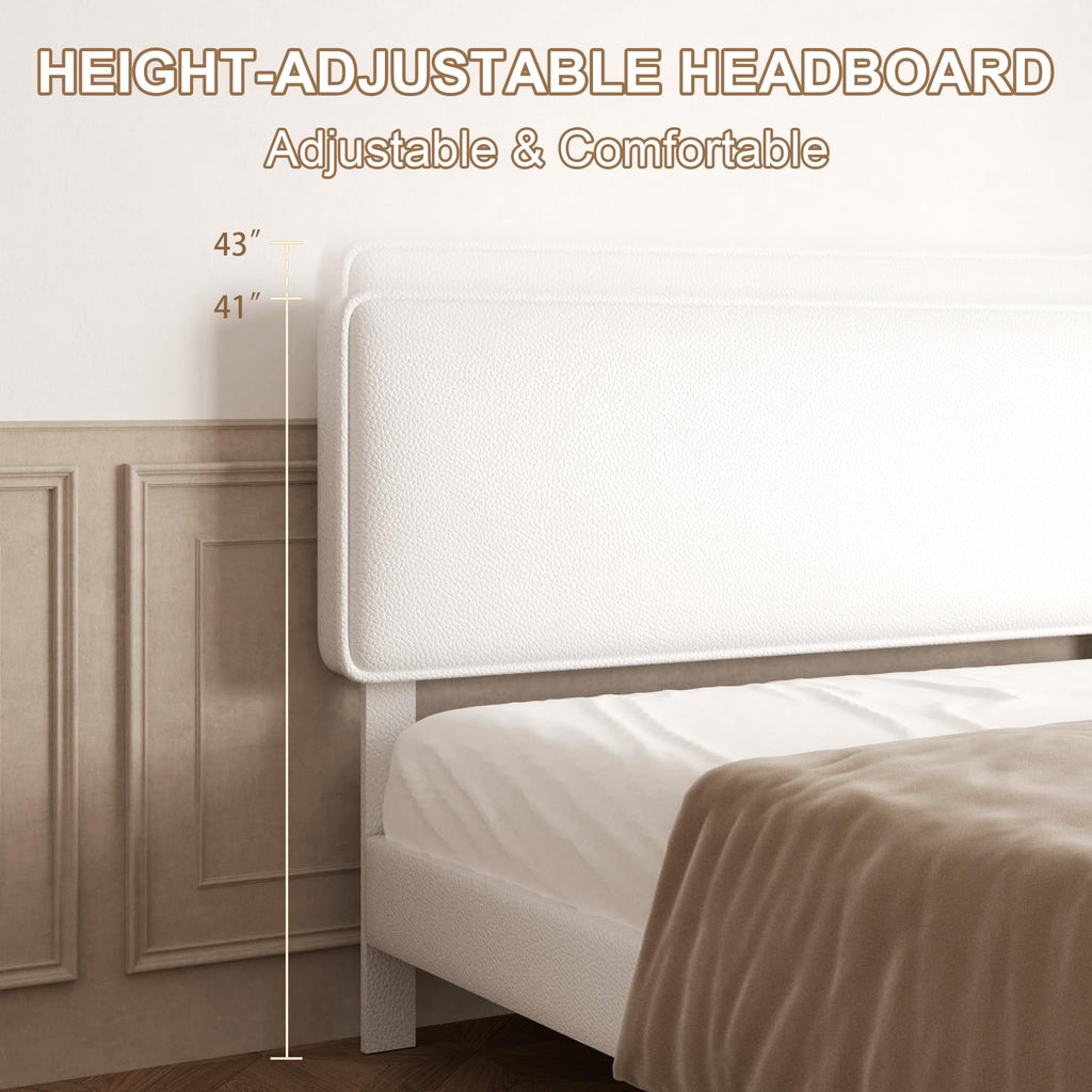 White Upholstered Bed Frame with Adjustable Headboard D65548