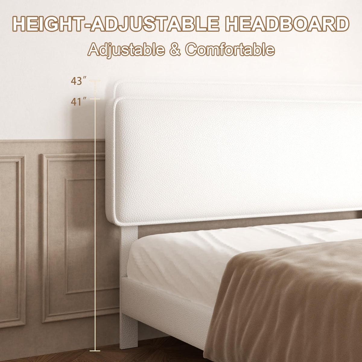 White Upholstered Bed Frame with Adjustable Headboard D65548
