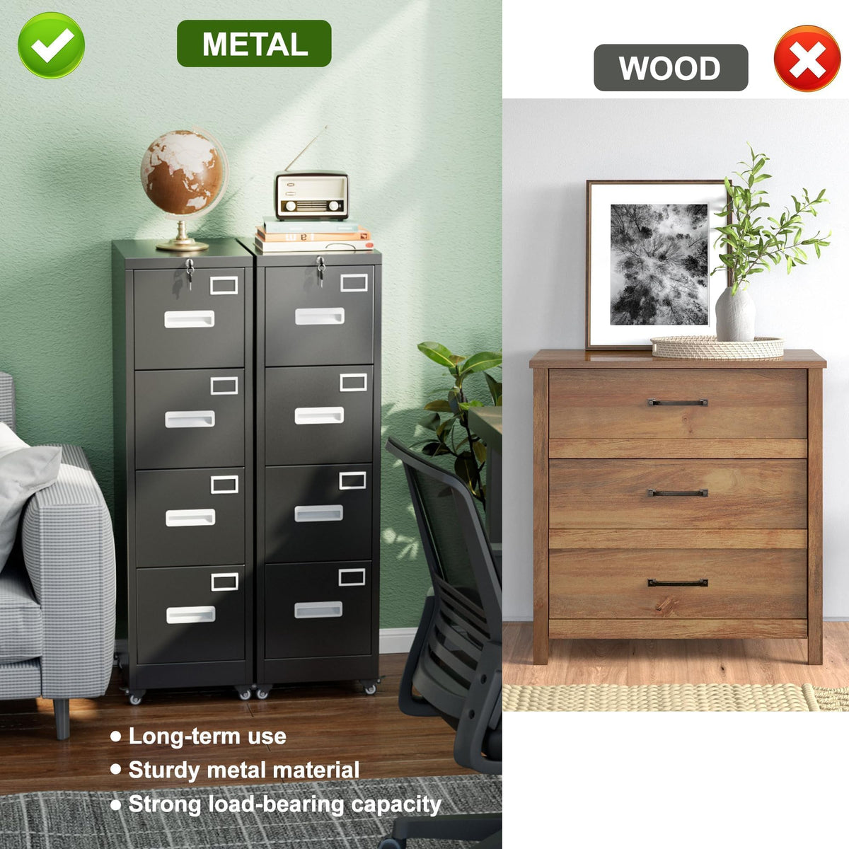 4 Drawer Black Metal File Cabinet with Lock and Wheels L787768