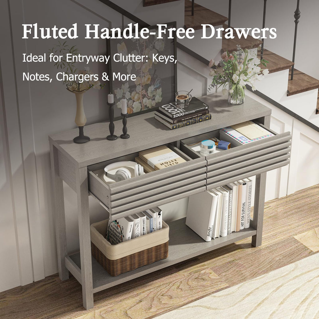 Oak Gray Fluted Console Table with Drawers E8962