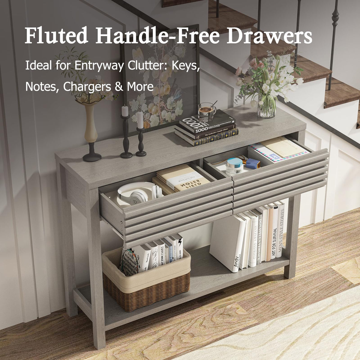 Oak Gray Fluted Console Table with Drawers E8962