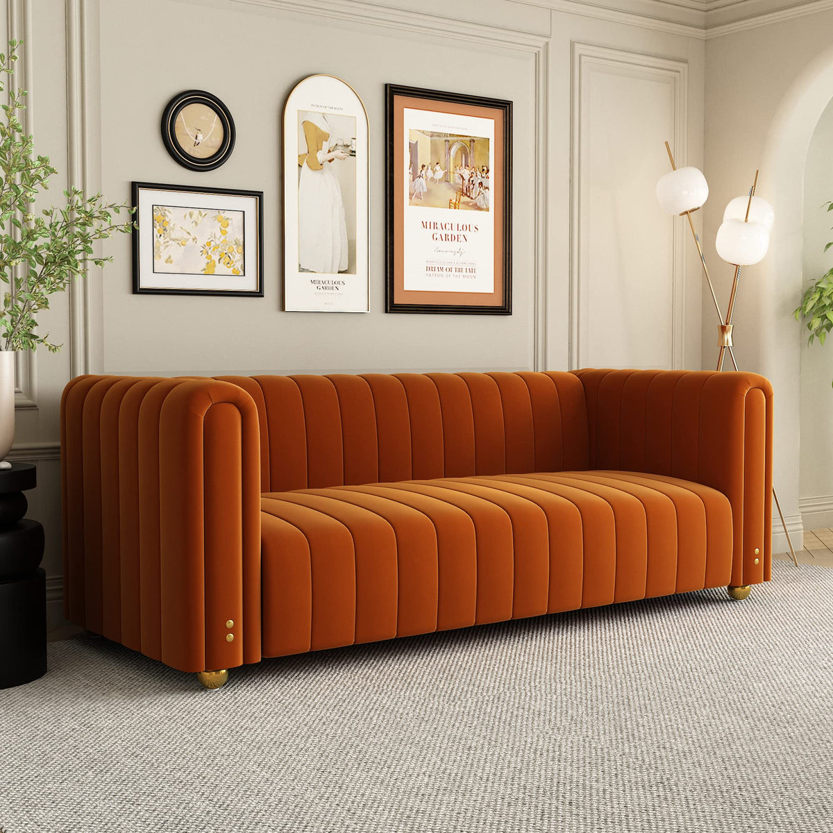 Orange Velvet 3 Seat Tufted Sofa H700