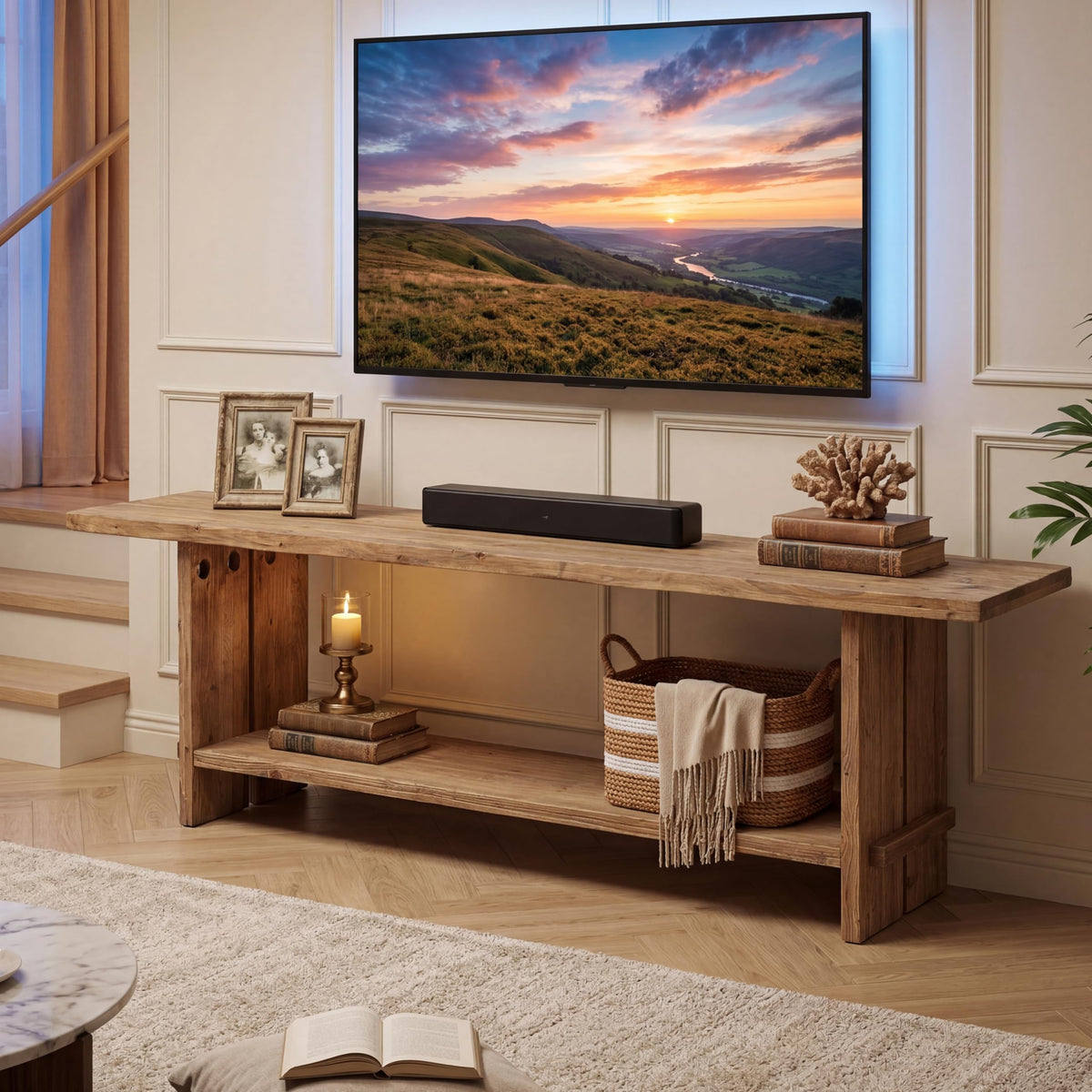 71" Solid Wood 2-Tier TV Stand F521