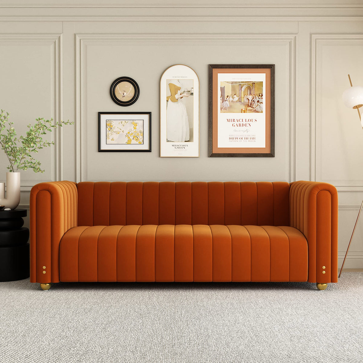 Orange Velvet 3 Seat Tufted Sofa H700