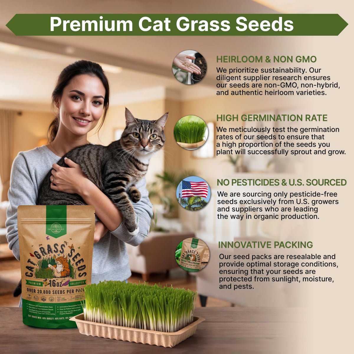 Cat Grass Seeds Mix 16 oz Non-GMO Heirloom U3058