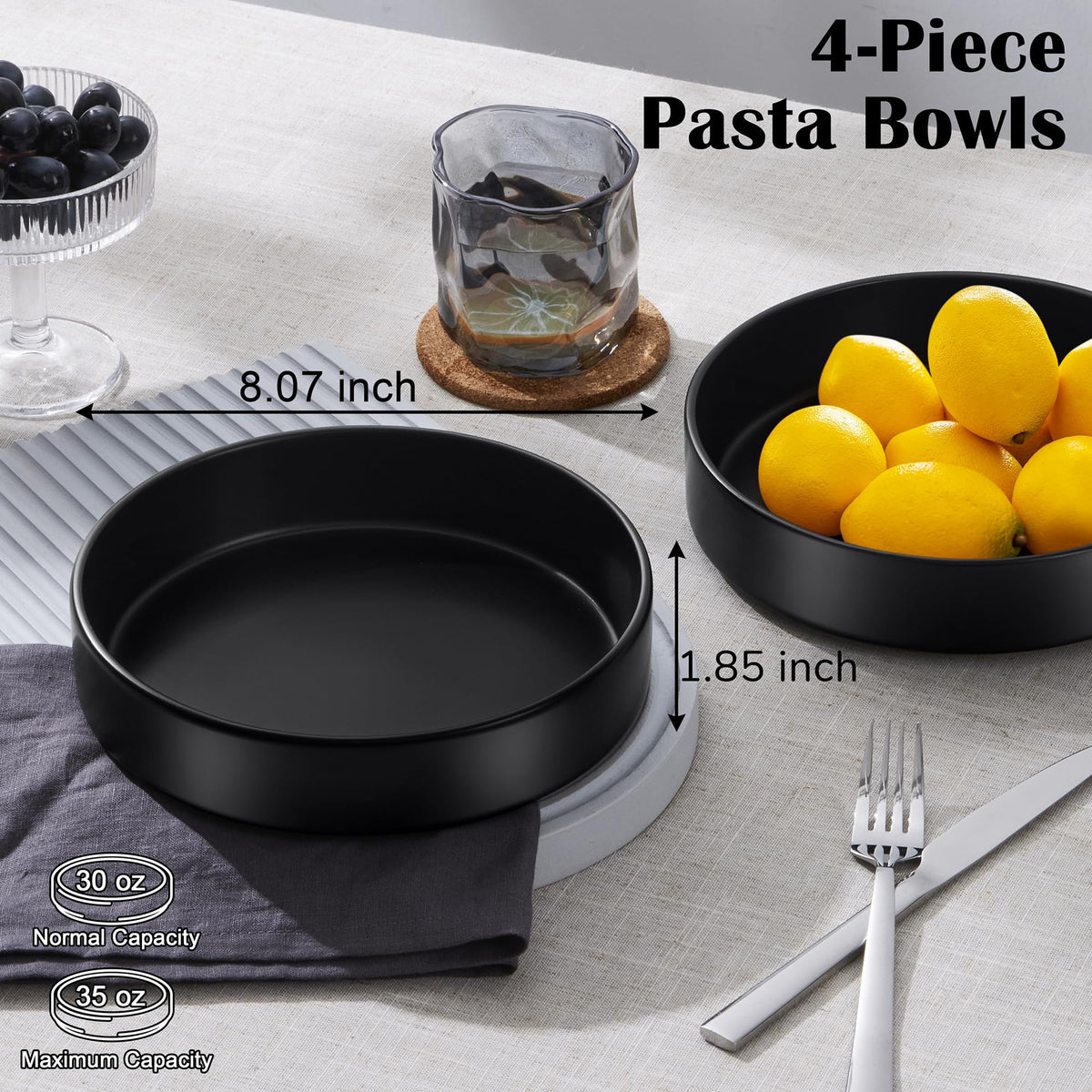 Black Ceramic Pasta Bowls Set of 4 E645240