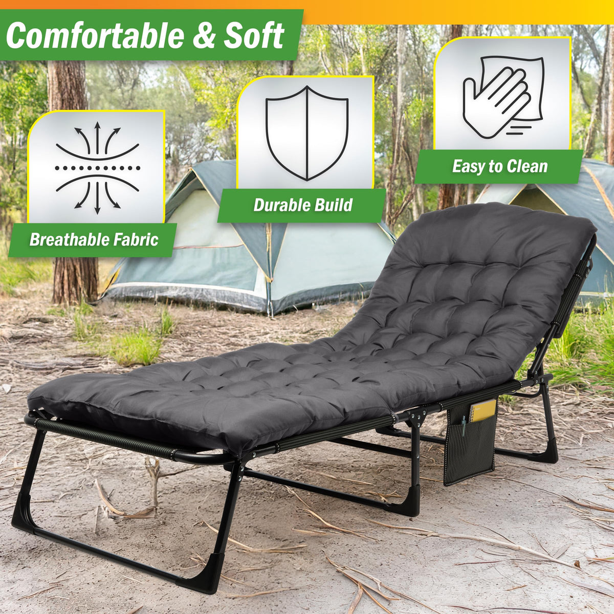 Folding Camping Cot with Mattress, Heavy Duty Foldable Bed with 3 Recline Positions, Gray E5993
