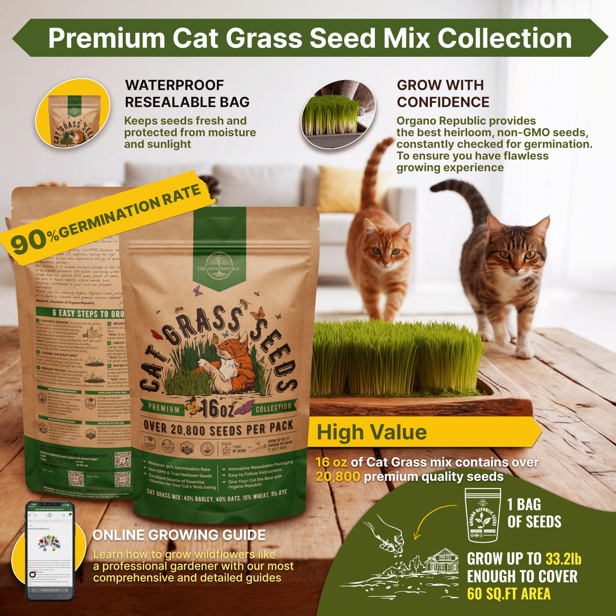Cat Grass Seeds Mix 16 oz Non-GMO Heirloom U3058