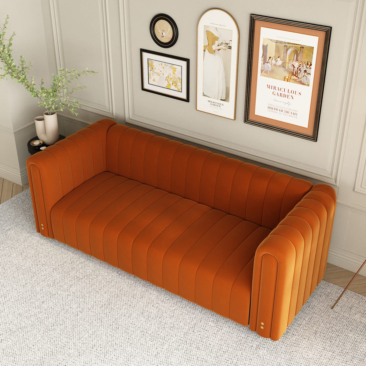 Orange Velvet 3 Seat Tufted Sofa H700